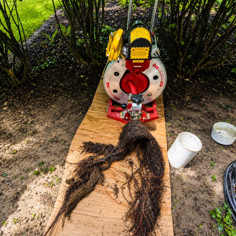 Drain cleaning machine and roots removed from a line